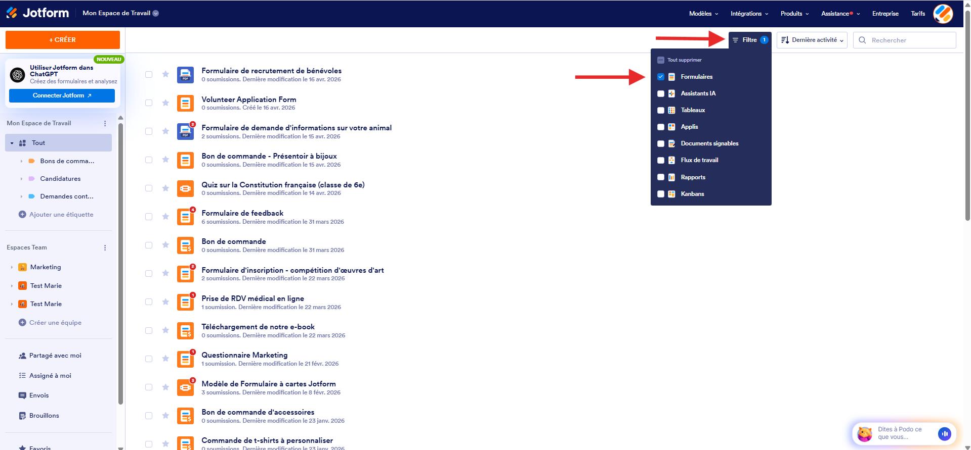 Capture d'écran de Mon Espace de Travail avec une flèche pointant vers Filtre et une autre vers la case cochée en regard de Formulaires