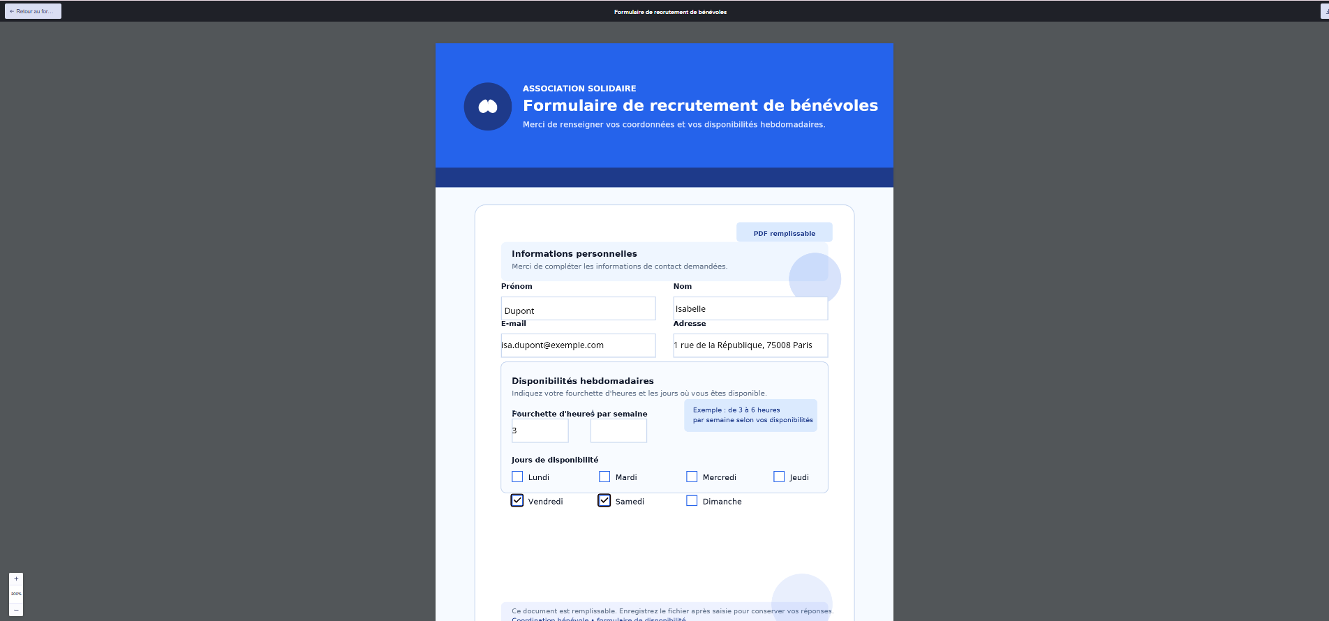 Capture d'image de la fenêtre d'aperçu PDF d'un formulaire PDF interactif Jotform
