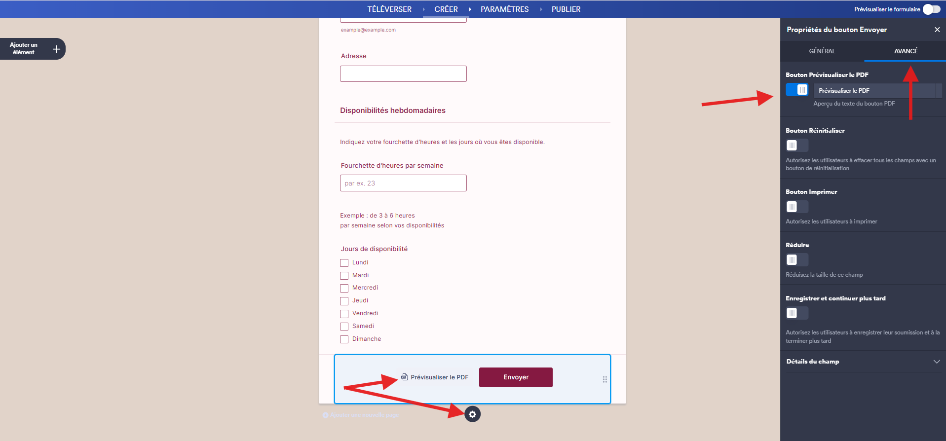 Capture d'écran du formulaire en ligne dans le Générateur de formulaires PDF interactifs avec une flèche pointant vers l'icône d'engrenage de l'élément Bouton Envoyer, une autre vers le bouton Prévisualiser le PDF, une troisième vers l'onglet Avancé du volet Propriétés du Bouton Envoyer et une quatrième vers le bouton curseur sous Bouton Prévisualiser le PDF
