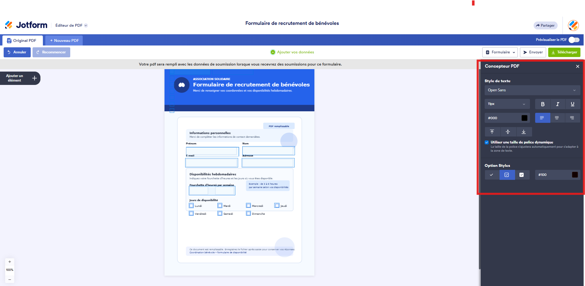 Capture d'écran de l'Éditeur de PDF Jotform avec un encadré autour des paramètres modifiables du formulaire d'origine