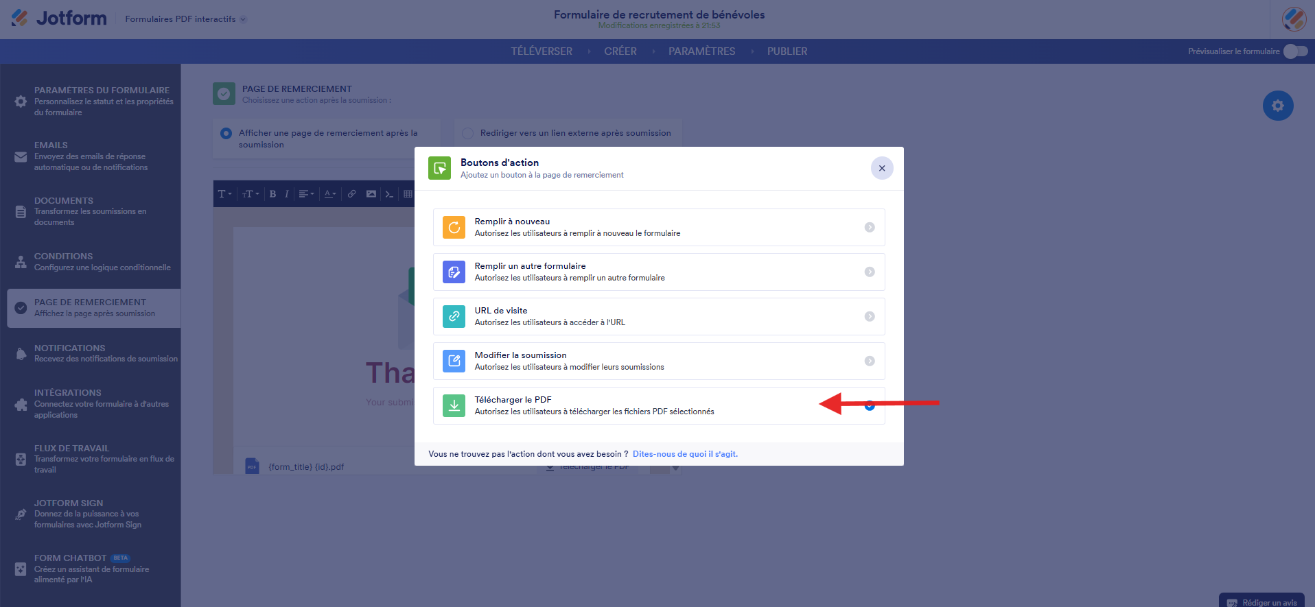 Capture d'écran de la fenêtre modale Boutons d'action dans le Générateur de formulaires PDF interactifs Jotform avec une flèche pointant vers Télécharger le PDF