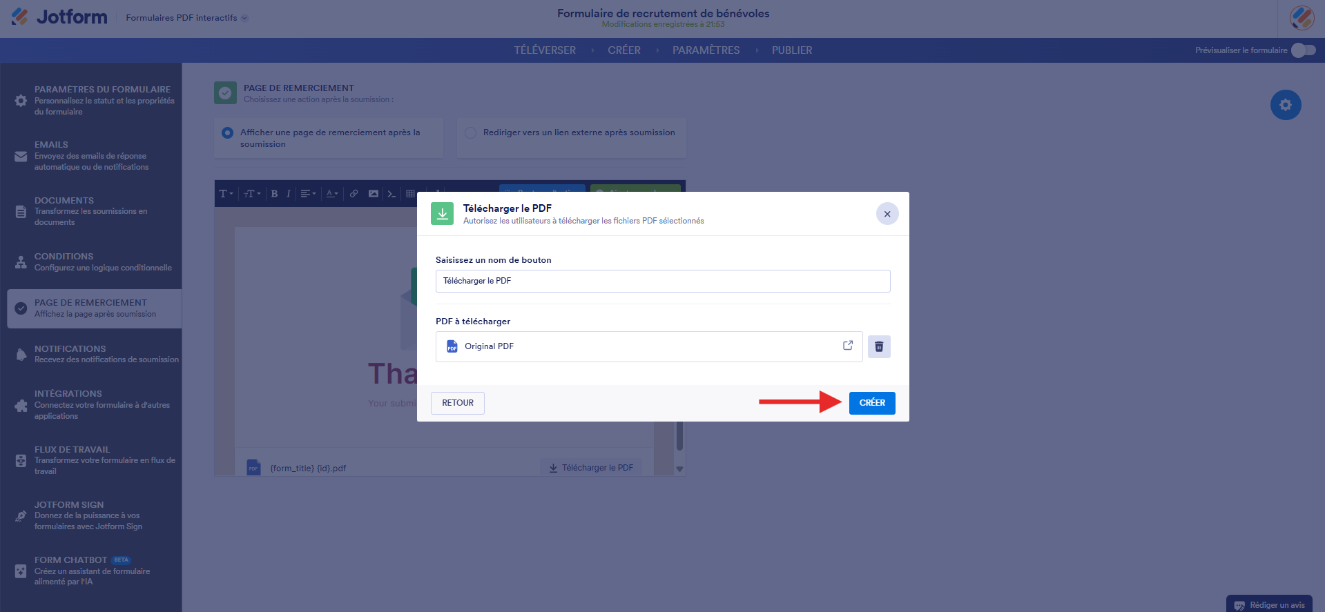 Capture d'écran de la fenêtre modale Télécharger le PDF dans le Générateur de formulaires PDF interactifs Jotform avec une flèche pointant vers le bouton Créer
