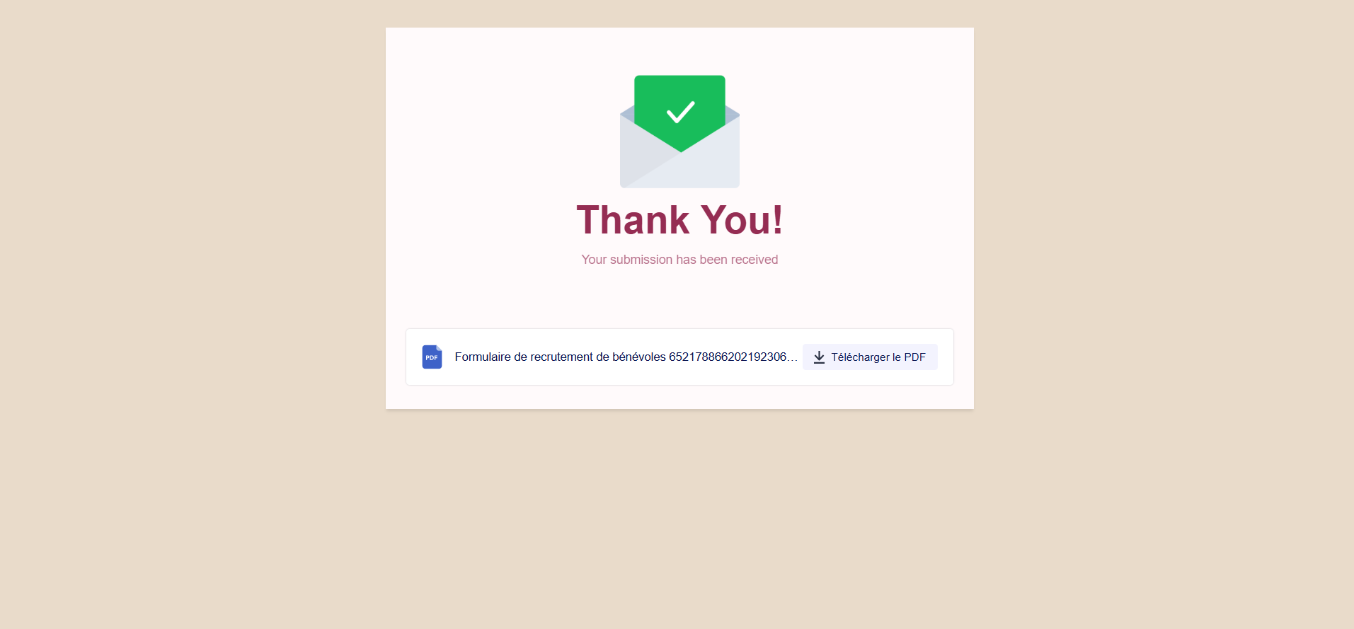 Capture d'écran de la page de remerciement Jotform avec un encadré autour du bouton Télécharger le PDF