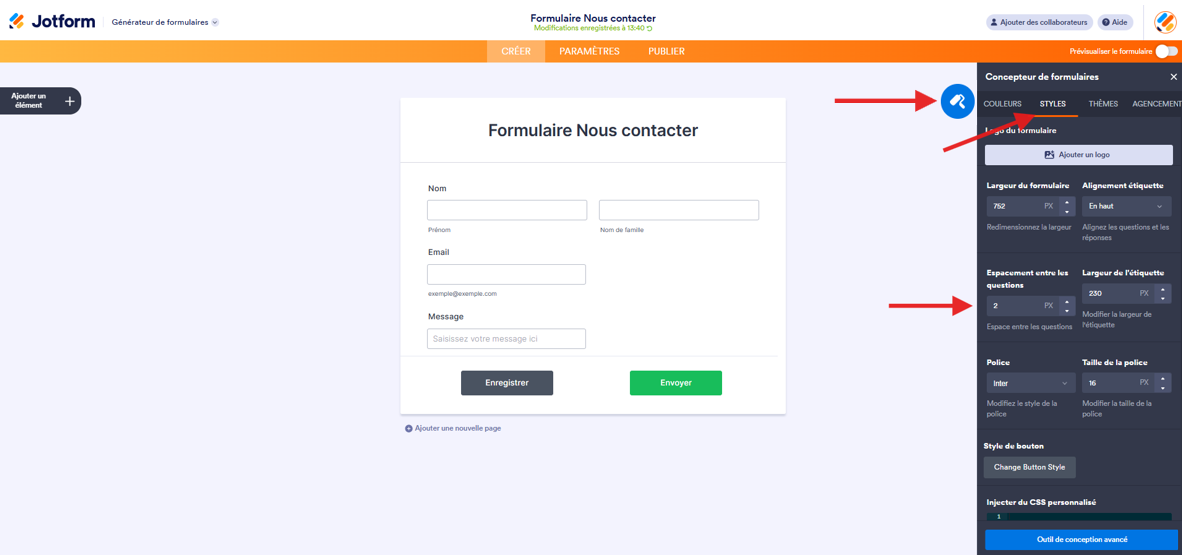 Capture d'écran d'un formulaire Nous contacter dans le Générateur de formulaires Jotform avec une flèche vers l'icône de rouleau à peinture, une autre vers Styles et une troisième vers le champ où saisir le nombre de pixel souhaité sous Espacement entre les questions