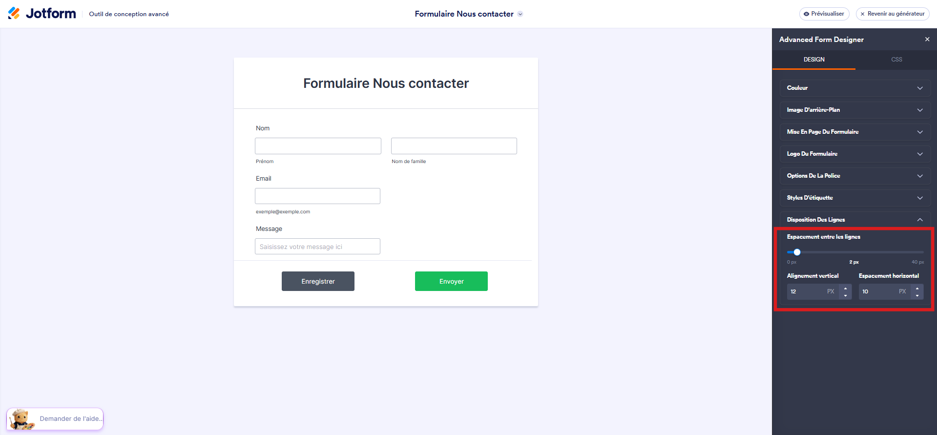 Capture d'écran du volet Outil de conception avancé de Jotform avec un encadré autour des options Disposition des lignes