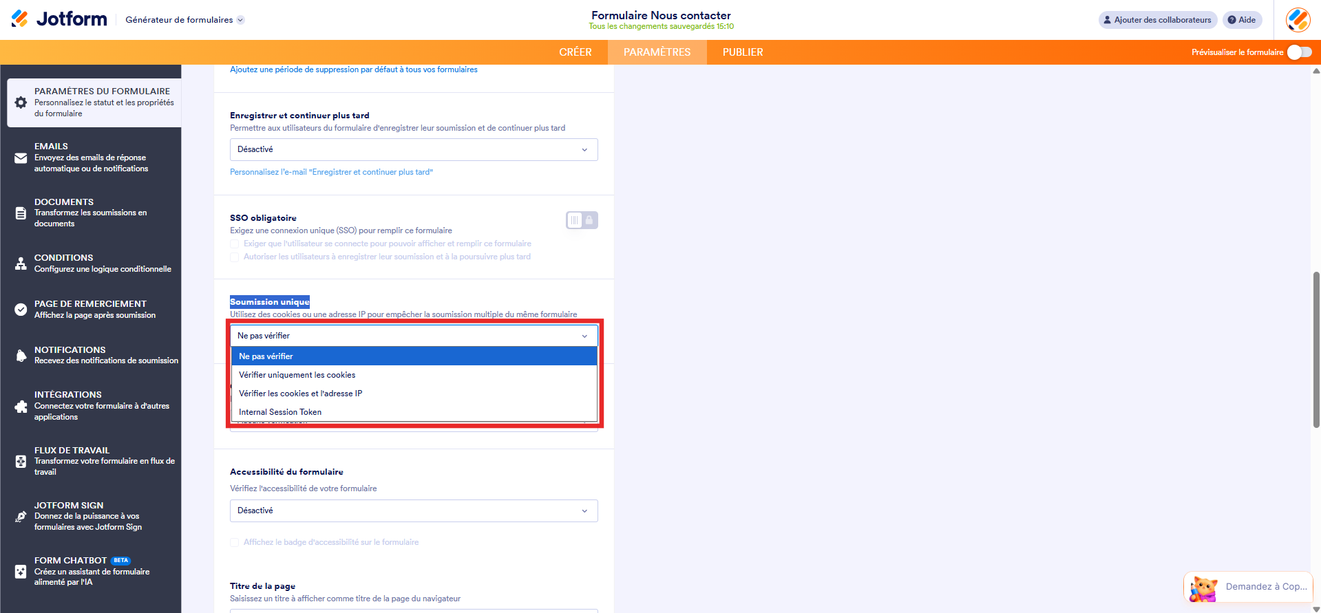 Capture d'écran de la page Paramètres du formulaire dans le Générateur de formulaires Jotform avec un encadré autour des options du menu déroulant Soumission unique