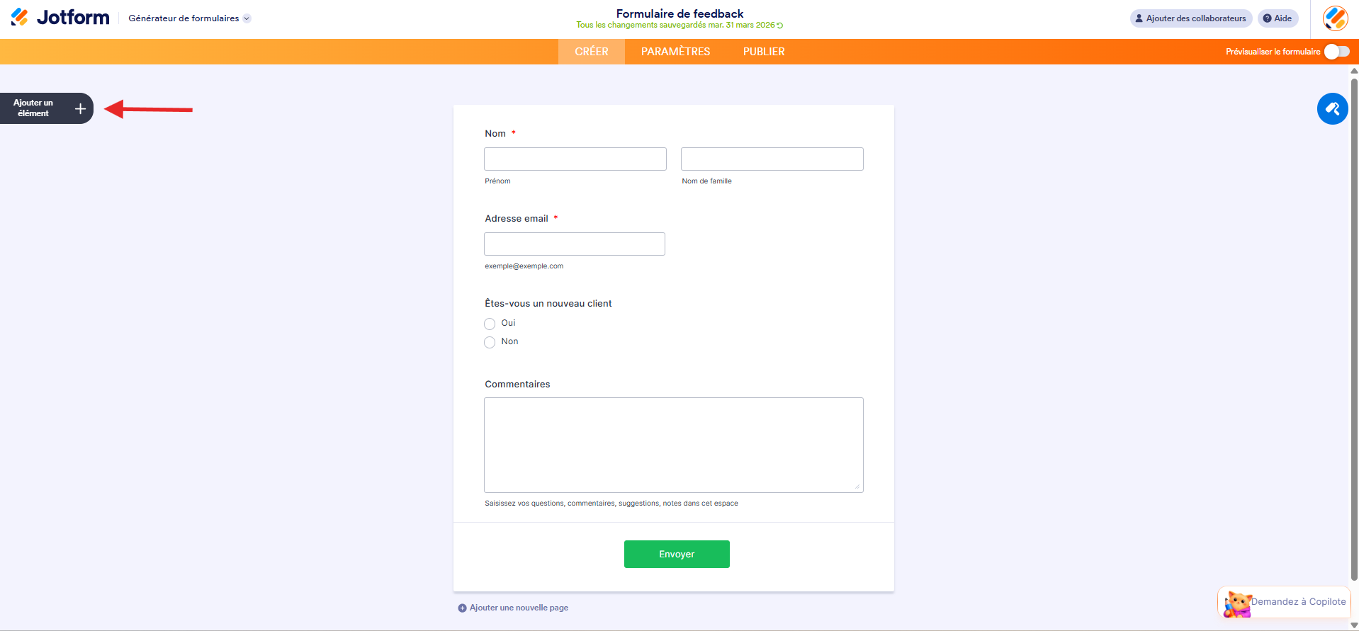 Capture d'écran d'un formulaire dans le Générateur de formulaires Jotform avec une flèche vers le bouton Ajouter un élément