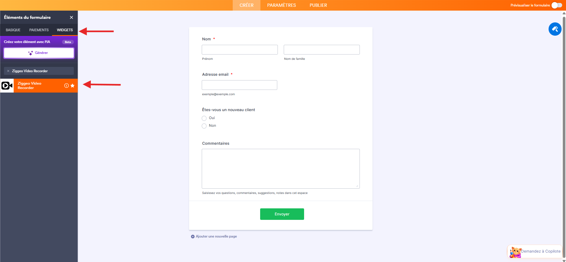 Capture d'écran d'un formulaire dans le Générateur de formulaires Jotform avec une flèche vers l'onglet Widgets du volet Éléments du formulaire et une autre vers Ziggeo Video Recorder