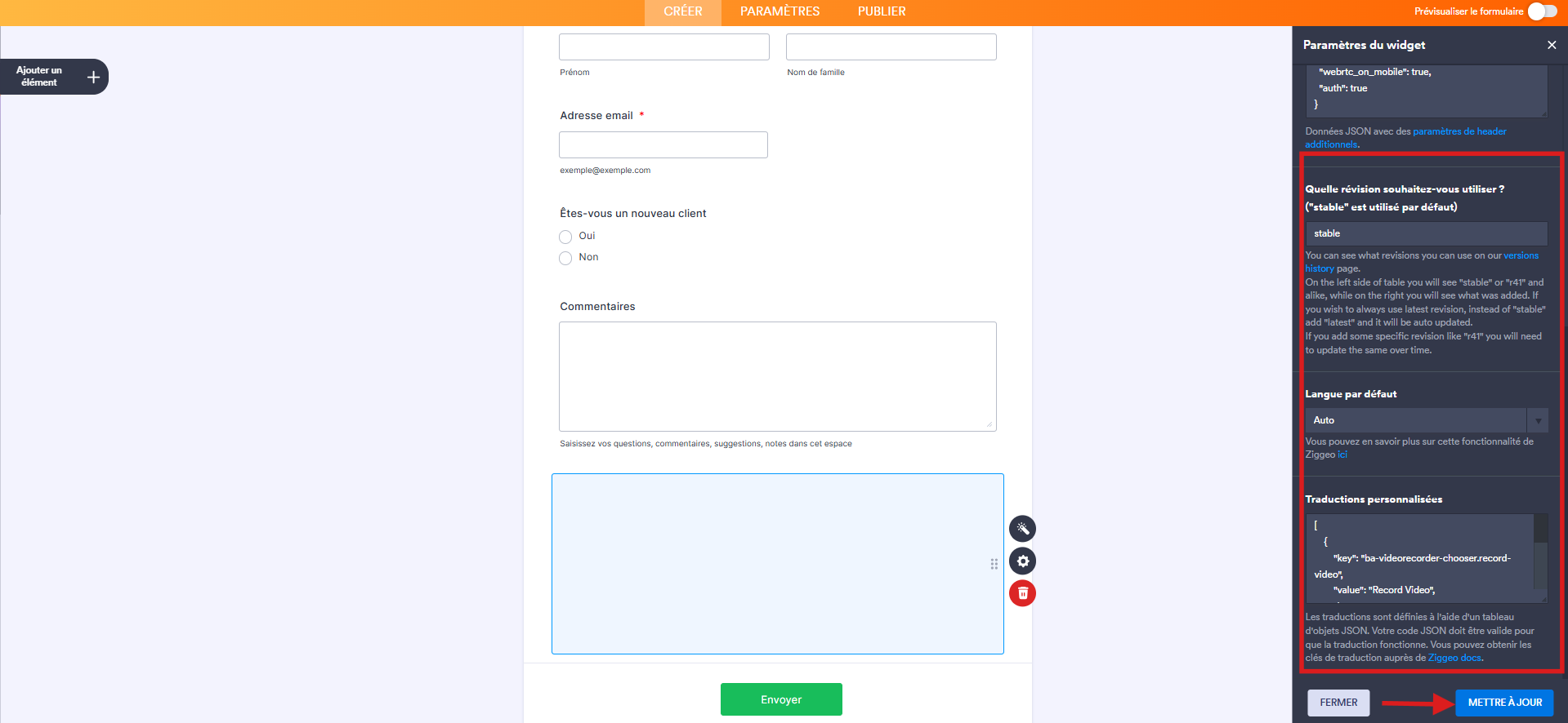 Capture d'écran d'un formulaire dans le Générateur de formulaires Jotform avec un élément widget Ziggeo Video Recorder, le volet Paramètres du widget à droite et un encadré autour des paramètres supplémentaires à configurer