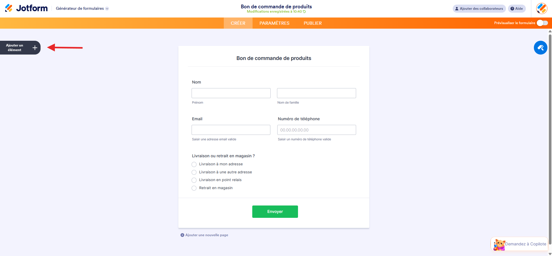 Capture d'écran d'un bon de commande dans le Générateur de formulaires Jotform avec une flèche vers le bouton Ajouter un élément