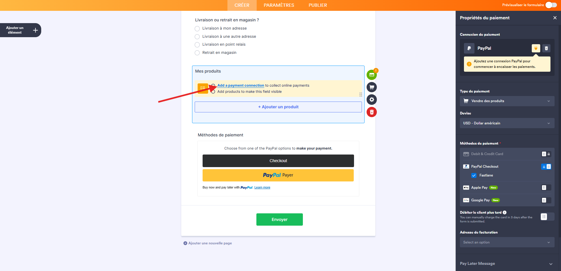 Capture d'écran d'un bon de commande dans le Générateur de formulaires Jotform avec une flèche vers Ajouter une connexion de paiement dans l'élément de paiement PayPal du formulaire