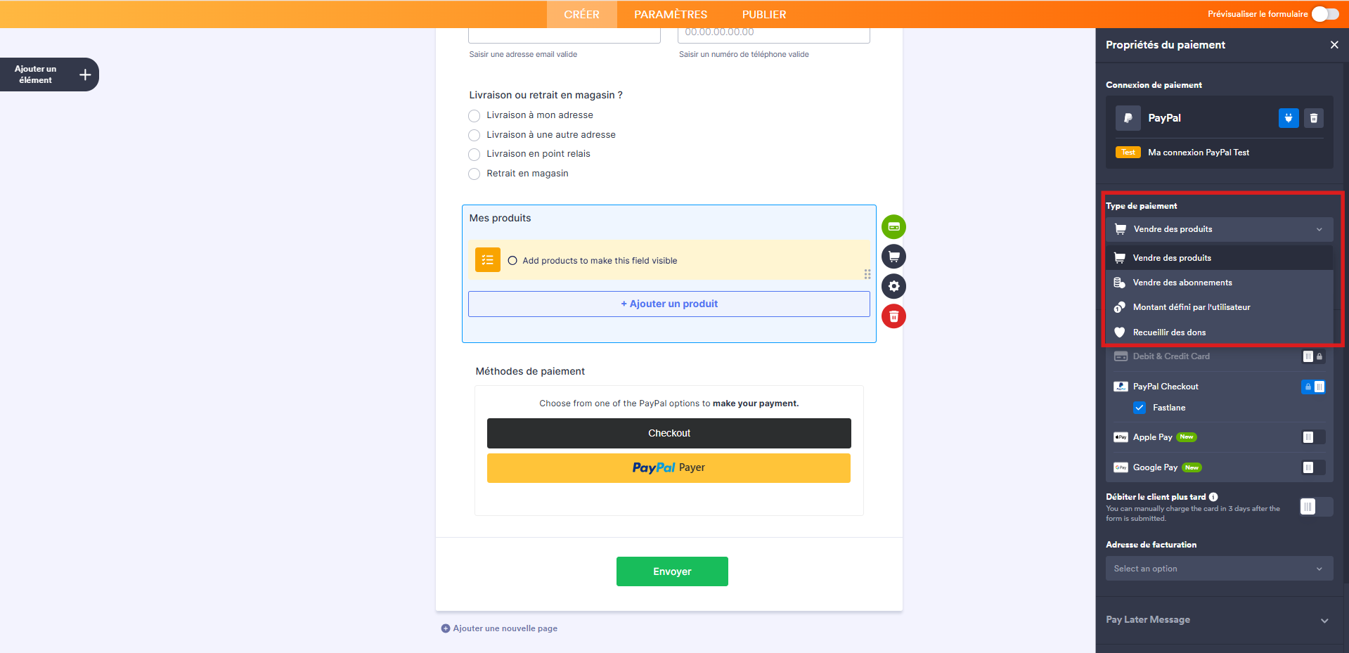 Capture d'écran du volet Propriétés du paiement de l'élément PayPal dans le Générateur de formulaires Jotform avec un encadré autour du menu des types de paiement