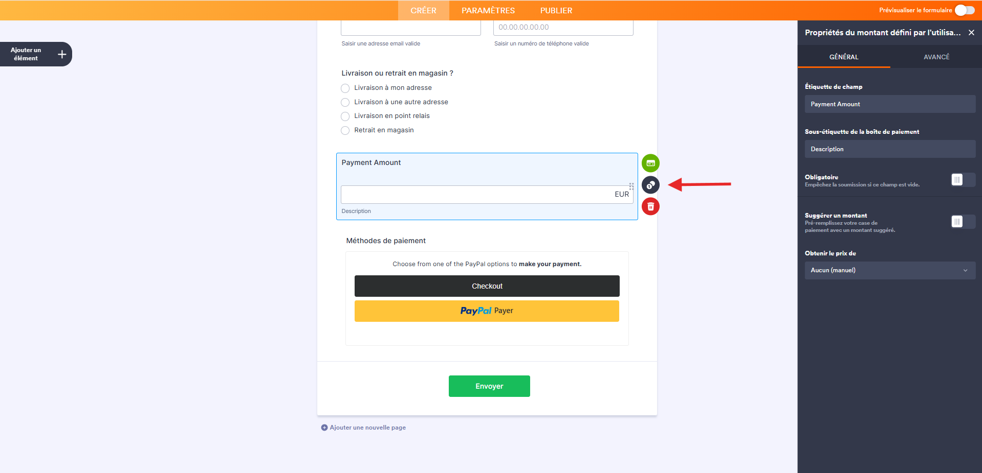 Capture d'écran de l'élément de paiement PayPal dans le Générateur de formulaires Jotform avec une flèche vers l'icône de pièces de monnaie et le volet Propriétés du montant défini par l'utilisateur ouvert à droite