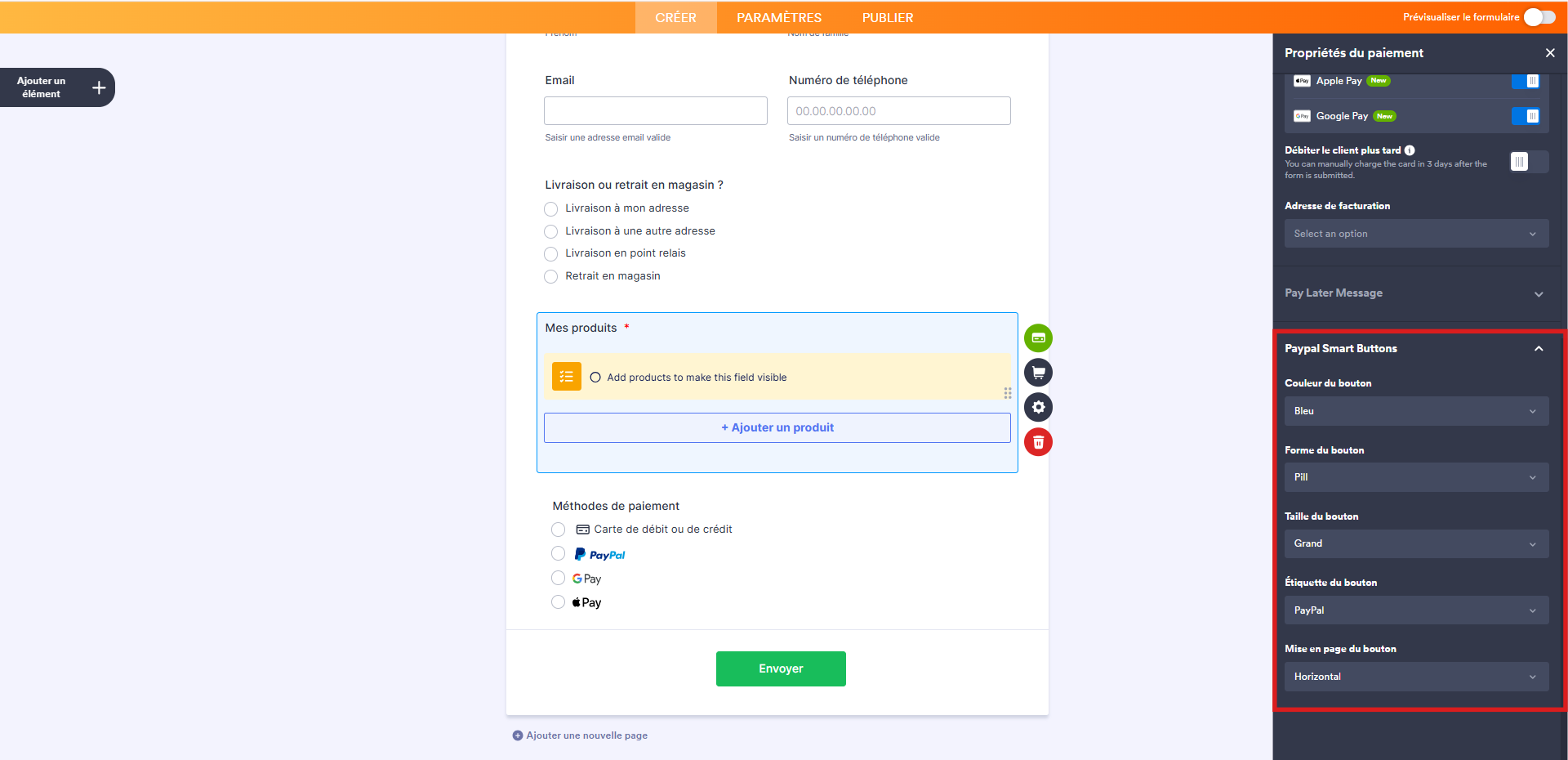 Capture d'écran de l'élément de paiement PayPal dans le Générateur de formulaires Jotform avec un encadré autour des paramètres de style du bouton de paiement intelligent PayPal
