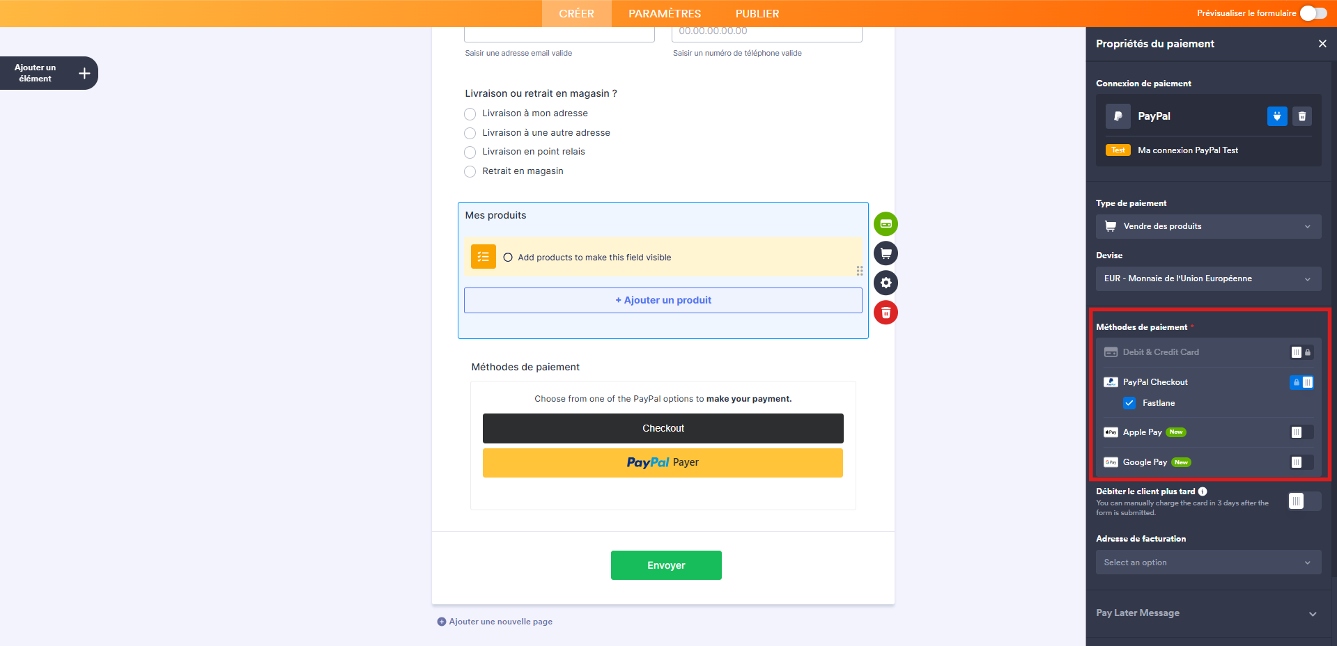 Capture d'écran du volet Propriétés du paiement dans le Générateur de formulaires Jotform avec un encadré autour de la section Méthodes de paiement