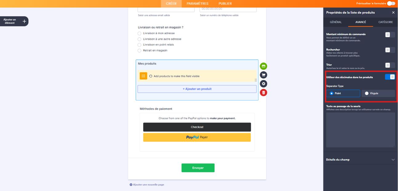 Capture d'écran de l'élément de paiement PayPal dans le Générateur de formulaires Jotform avec un encadré autour des paramètres  Utiliser des décimales dans les produits et Type de séparateurs