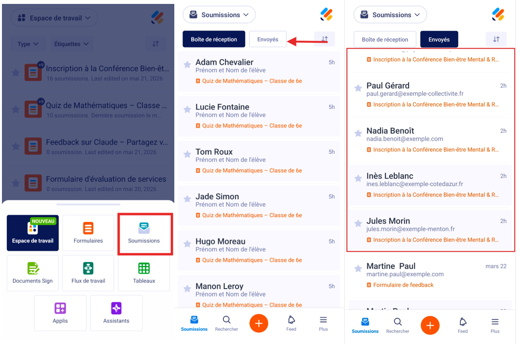 Alignement de trois captures d'écran : Option Soumissions à sélectionner, bouton Envoyés à sélectionner et Boîte d'envoi sur l'application Jotform Mobile