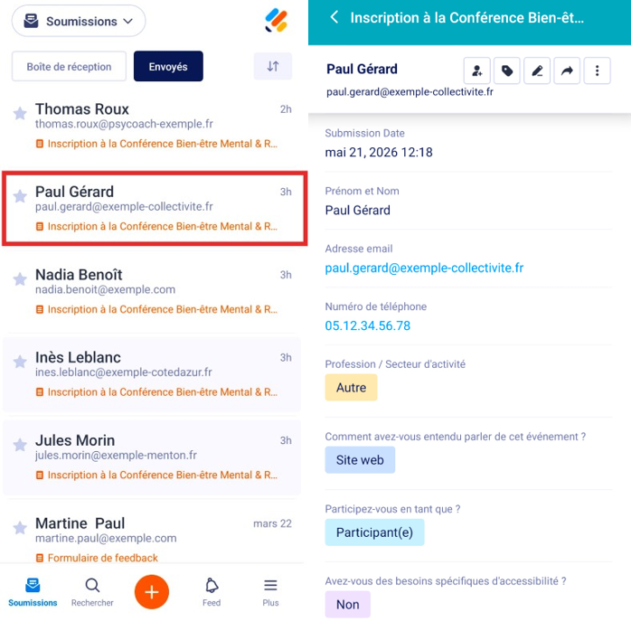 Alignement de deux captures d'écran : Boîte d'envoi avec un encadré autour d'une soumission et Soumission une fois ouverte sur l'application Jotform Mobile