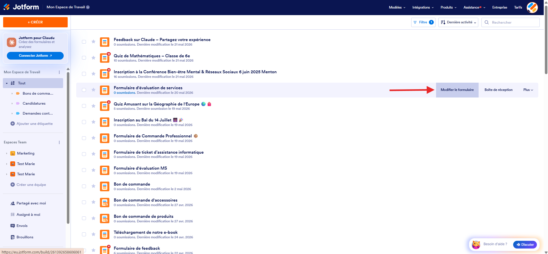 Capture d'écran de la page Mon Espace de Travail Jotform avec une formulaire sélectionné et une flèche pointant vers le bouton Modifier le formulaire