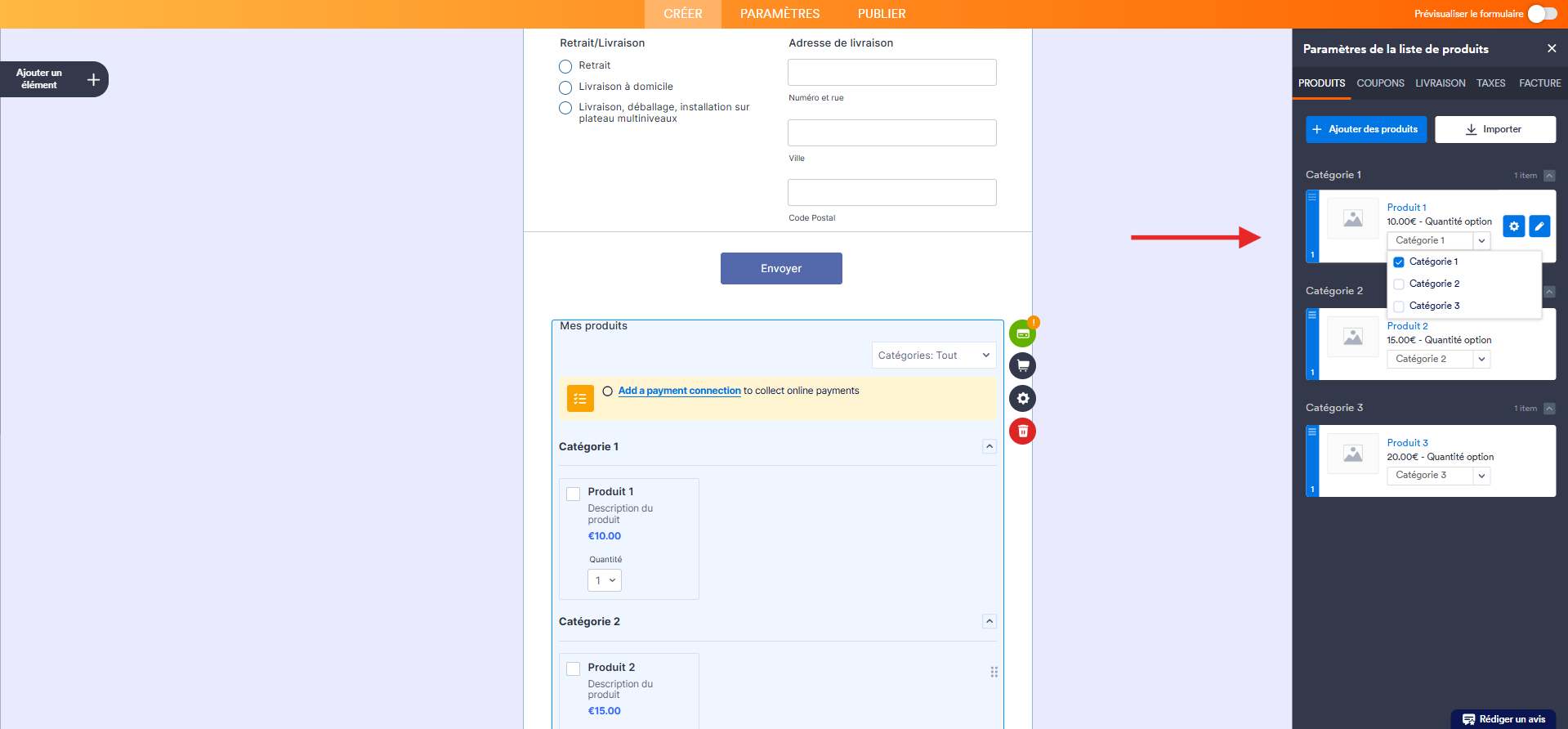 Capture d'écran d'un formulaire avec un élément de paiement dans le Générateur de formulaires Jotform avec le volet Paramètres de la liste de produits ouvert et une flèche vers le produit 1 et les catégories correspondantes cochées
