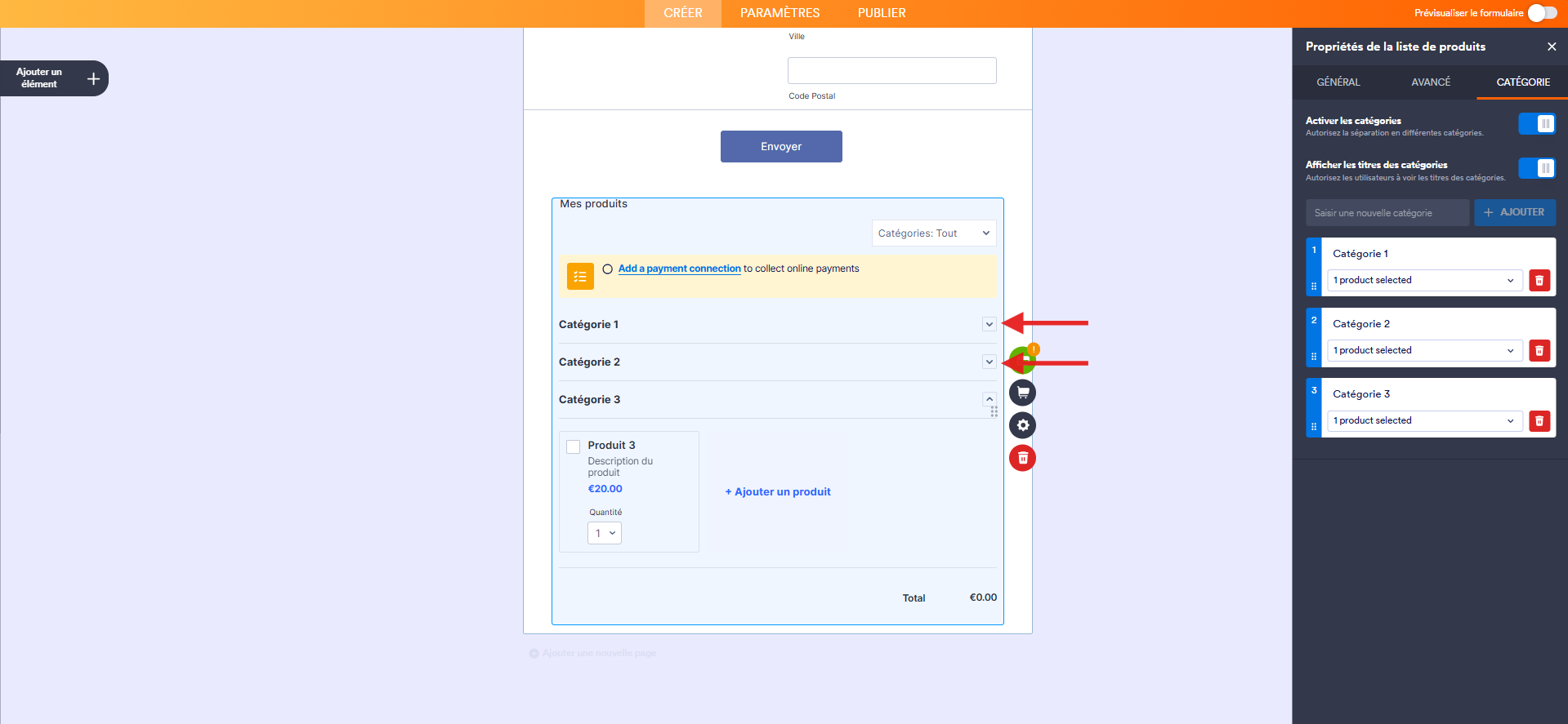 Capture d'écran d'un formulaire avec un élément de paiement dans le Générateur de formulaires Jotform avec des flèches vers les catégories 1 et 2 réduites