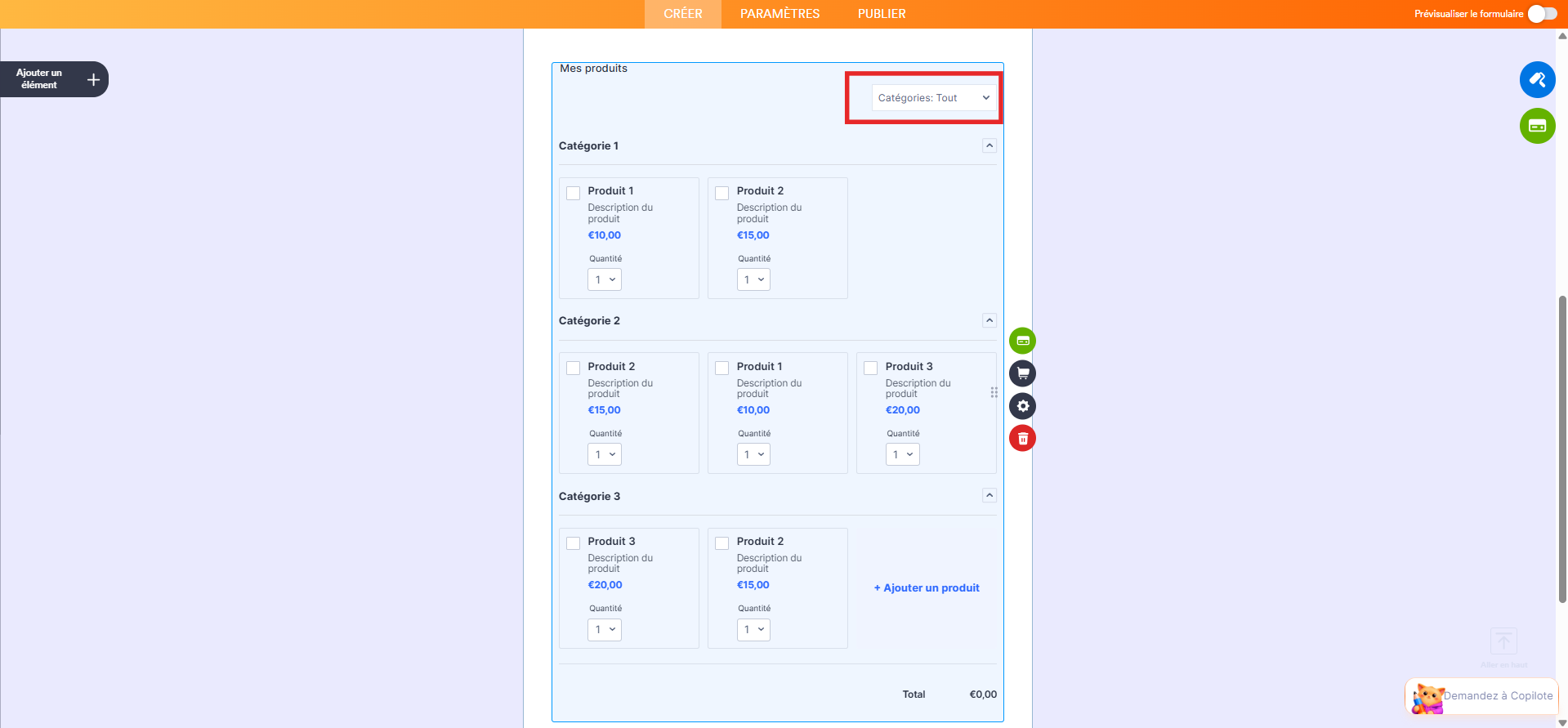 Capture d'écran de l'élément de paiement dans le Générateur de formulaires Jotform avec des catégories et des produits classés par catégorie et une encadré autour du filtre Catégories : Tout