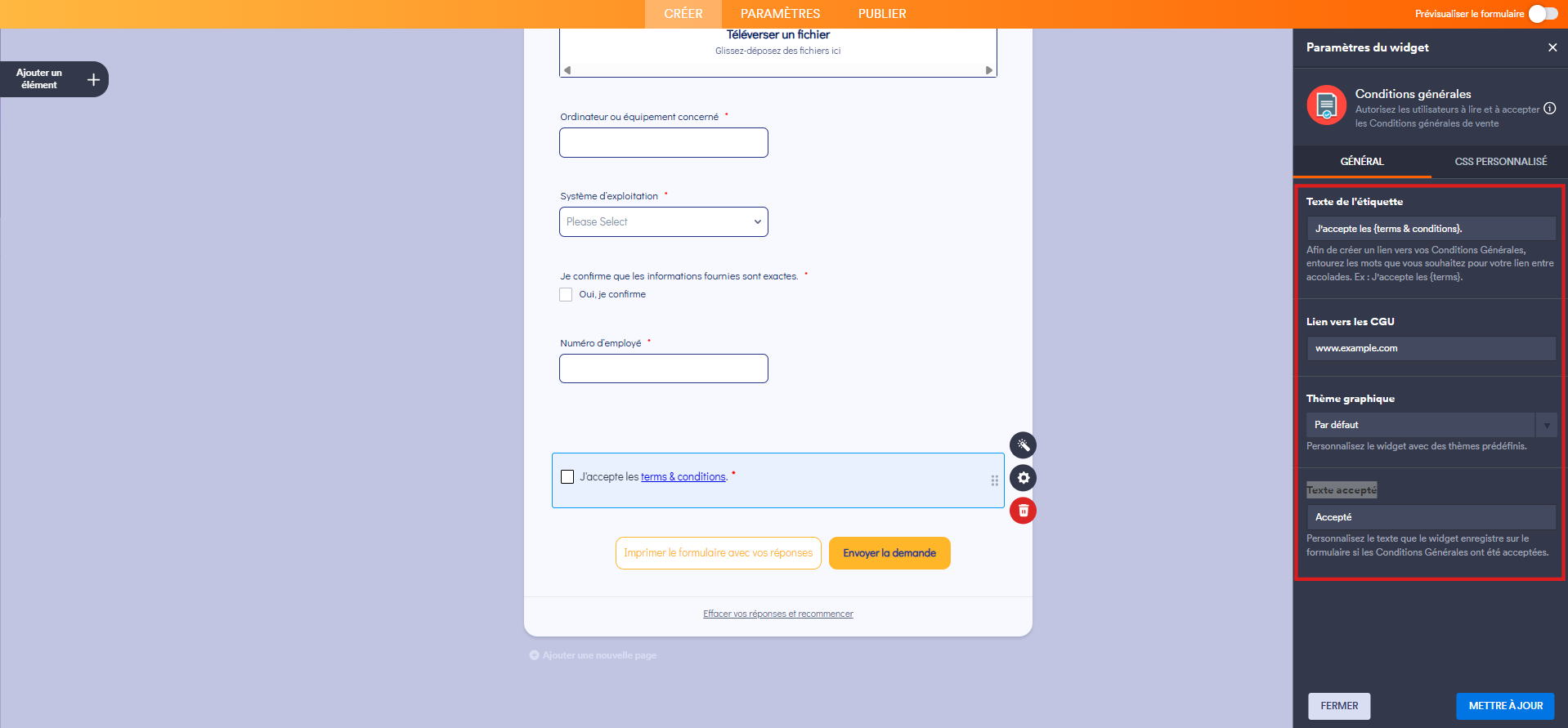 Capture d'écran d'un formulaire dans le Générateur de formulaires Jotform avec un encadré autour des paramètres à renseigner dans le volet Paramètres du widget Conditions générales