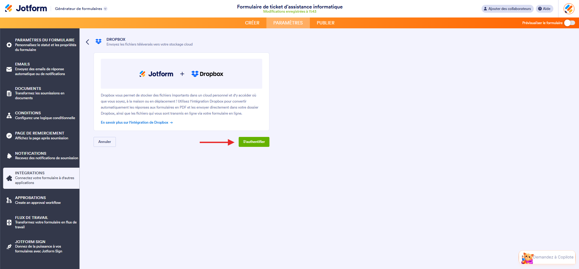 Capture d'écran de la page d'intégration Jotform + Dropbox dans le Générateur de formulaires Jotform avec une flèche vers le bouton S'authentifier