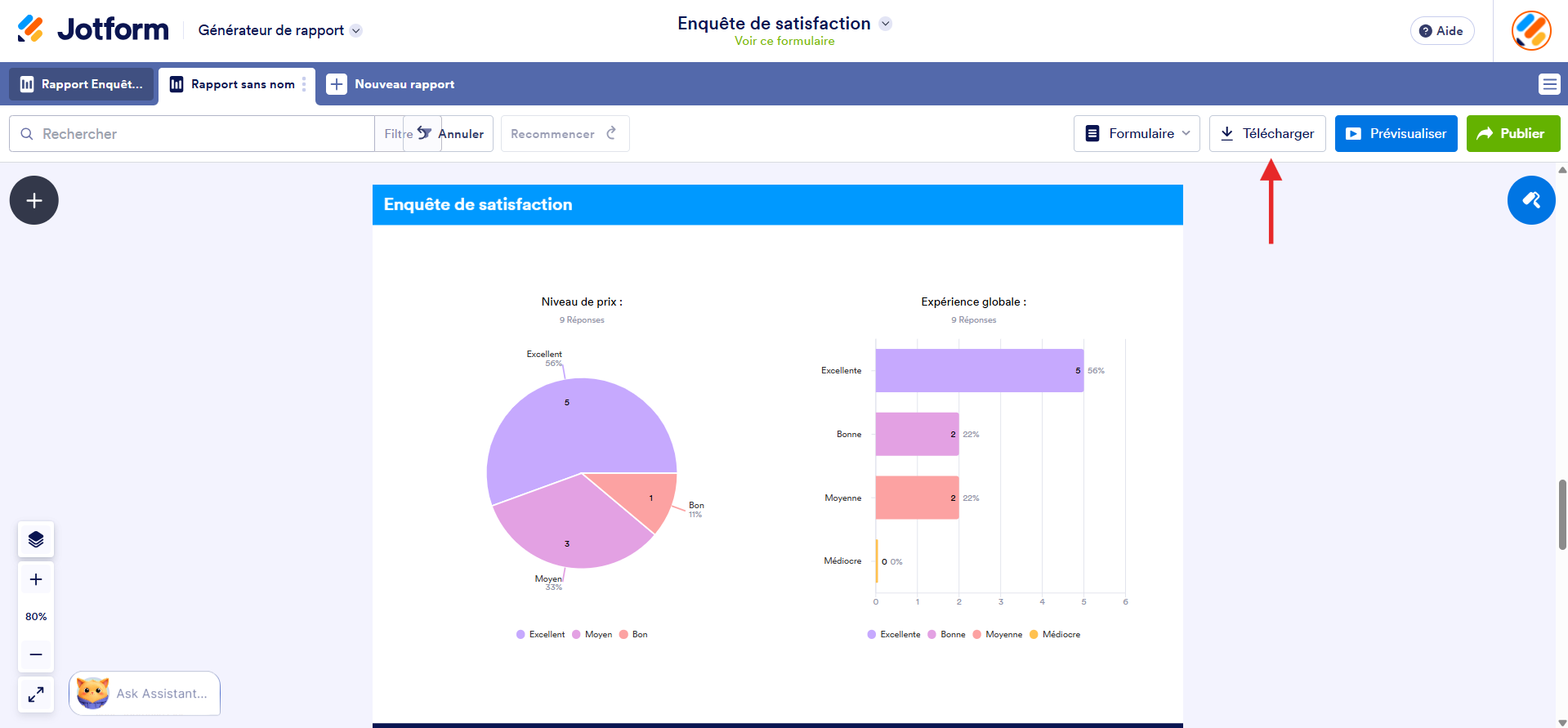 Capture d'écran d'un rapport Enquête de satisfaction dans le générateur de rapports Jotform avec une flèche vers le bouton Télécharger