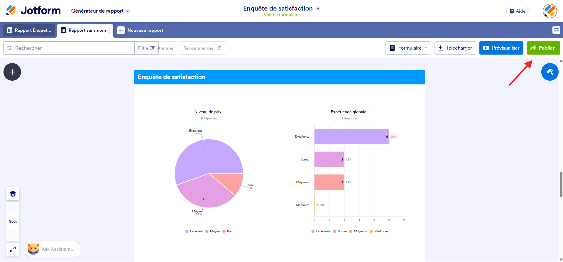 Capture d'écran d'une page du rapport dans le Générateur de rapports Jotform avec une flèche vers le bouton Publier