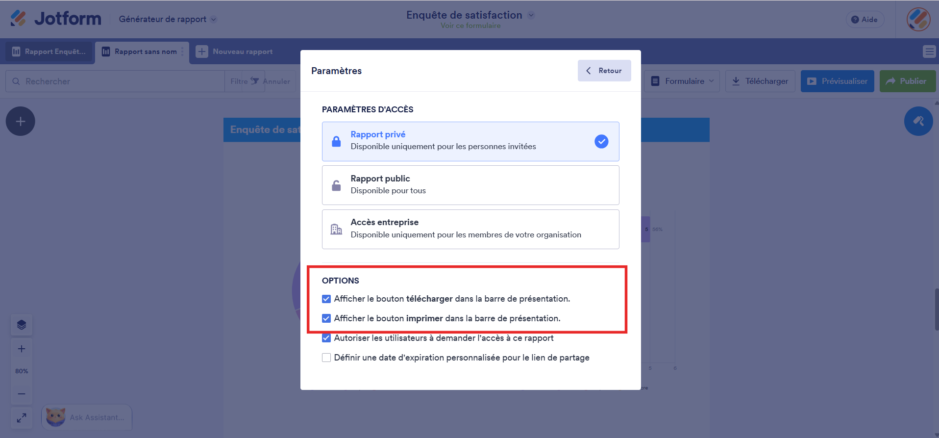 Capture d'écran de la fenêtre modale Paramètres dans le Générateur de rapports Jotform avec un encadré autour des options à cocher : "Afficher le bouton télécharger dans la barre de présentation