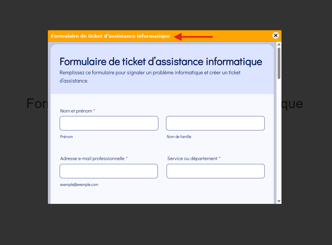 Capture d'écran d'un formulaire en mode Lightbox avec une flèche vers le titre de la fenêtre Lightbox