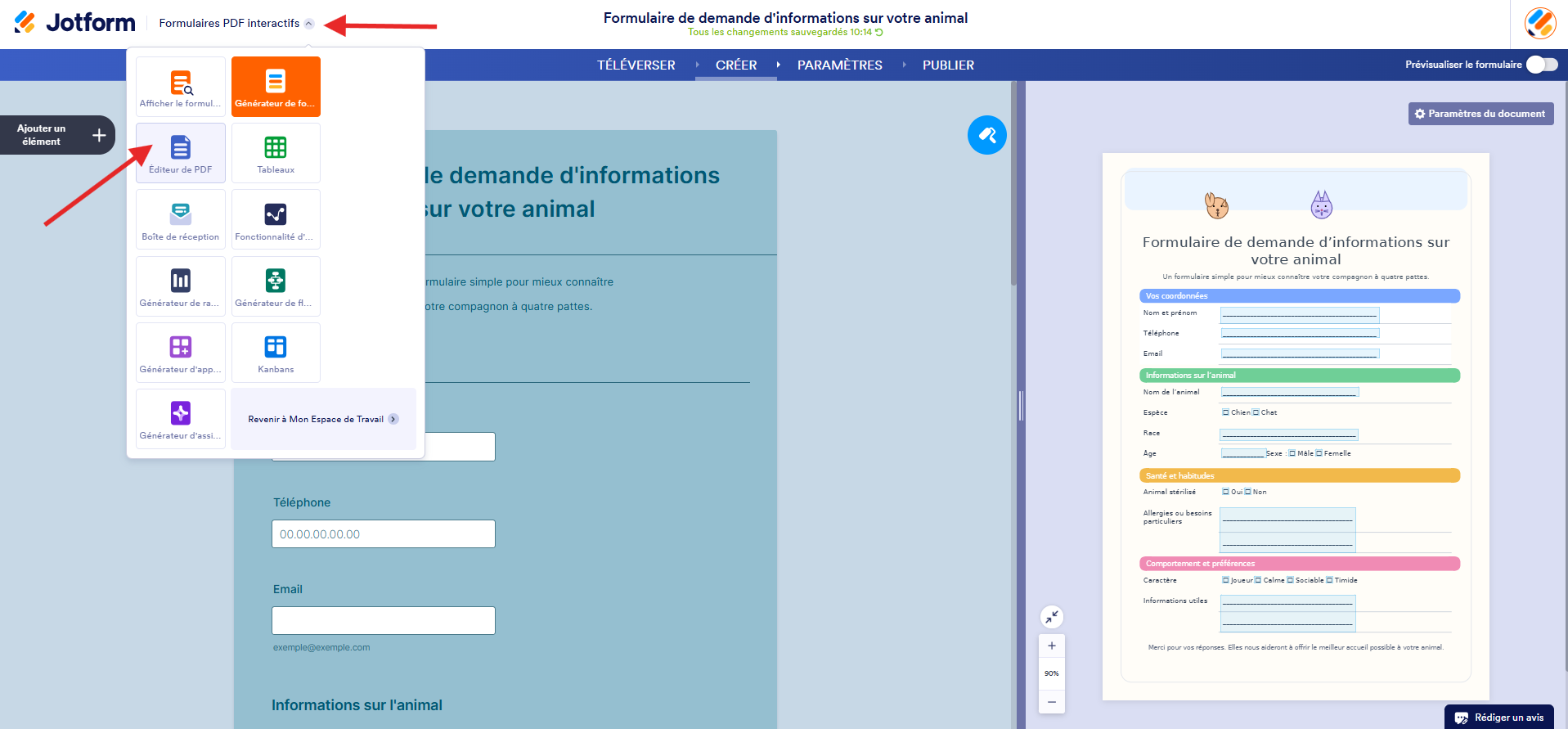 Capture d'écran d'un formulaire dans les Formulaires PDF interactifs Jotform avec une flèche vers l'icône de flèche vers le bas, et une autre vers l'option Éditeur de PDF