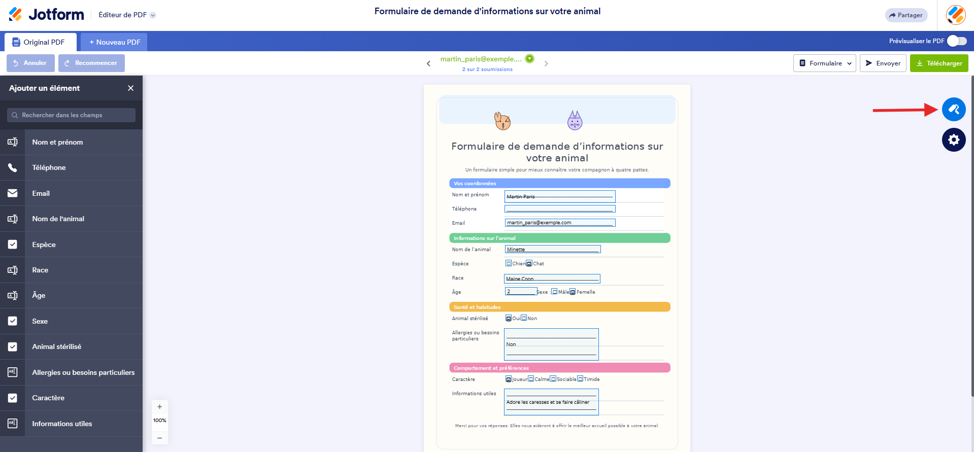 Capture d'écran d'un formulaire d'origine dans les Formulaires PDF interactifs Jotform avec une flèche vers l'icône de rouleau à peinture