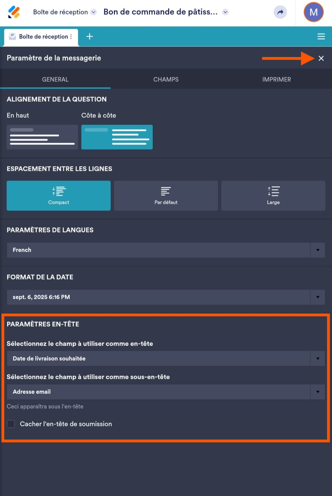 Capture d'écran de l'écran Paramètres en-tête dans la boîte de réception Jotform Mobile avec un encadré tout autour mettant en valeur les options d'en-têtes possibles et une flèche pointant vers le X de fermeture en haut à droite