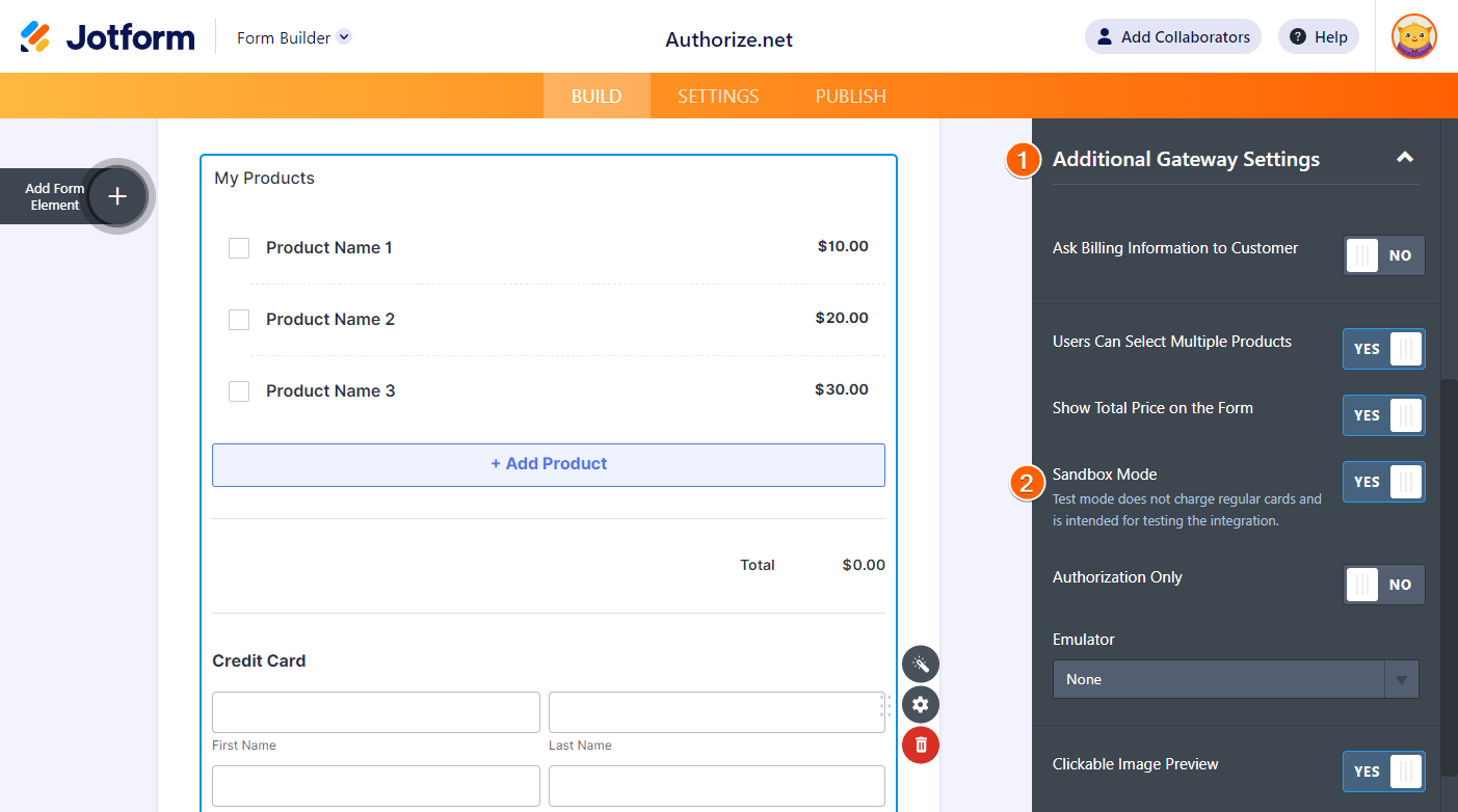 Capture d'écran du mode Sandbox d'autorisation des paiements en réseau