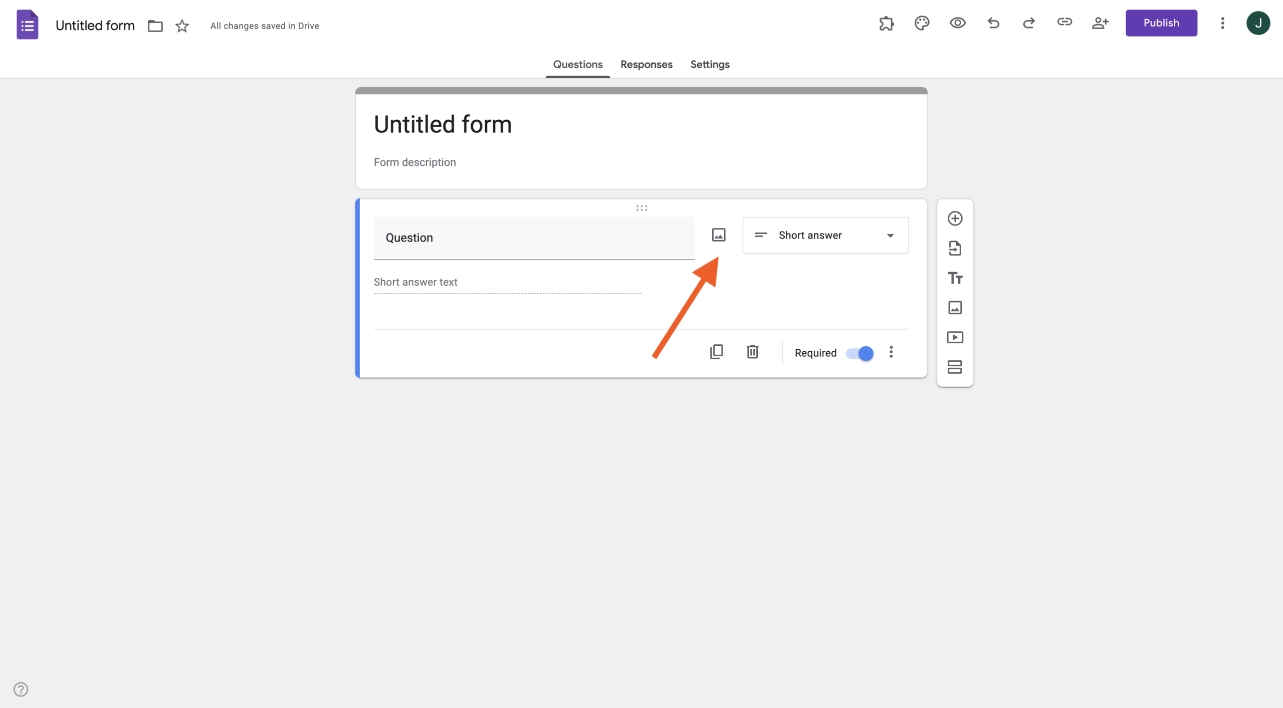 Screenshot of a Google Form; arrow points to the add inline image button on a question