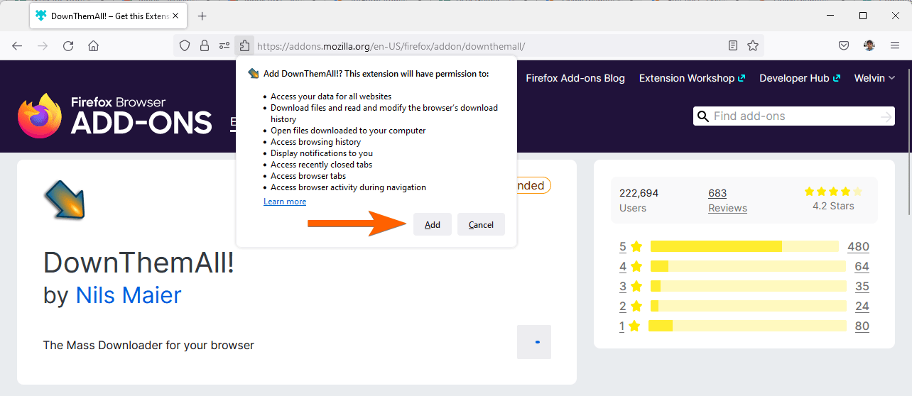Capture d'écran de l'extension de navigateur DownThemAll! avec une flèche pointant vers le bouton Ajouter