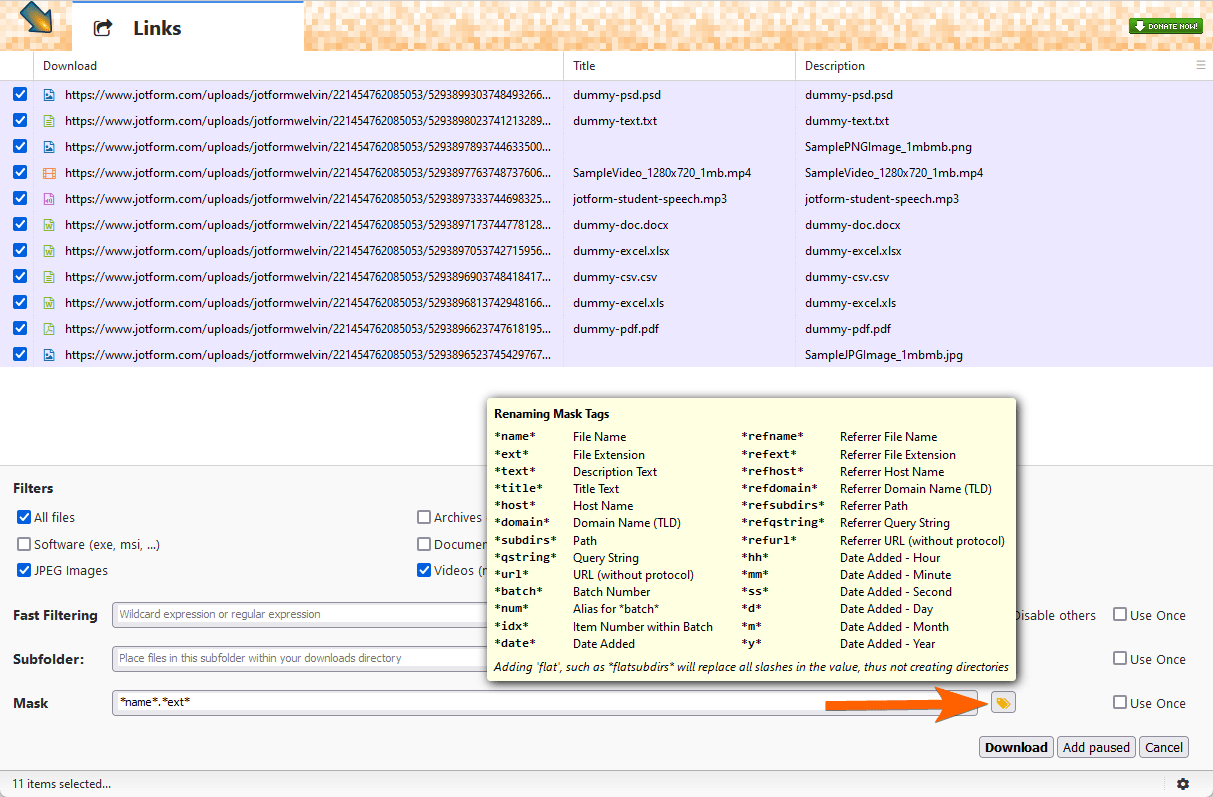 Capture d'écran du menu Masque ouvert avec une flèche pointant vers l'icône d'étiquette sous le menu déroulant