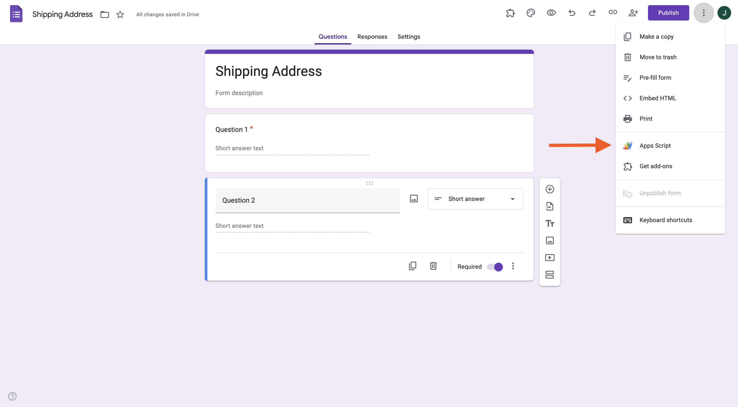 Clicking on the Apps Script option on Google Forms