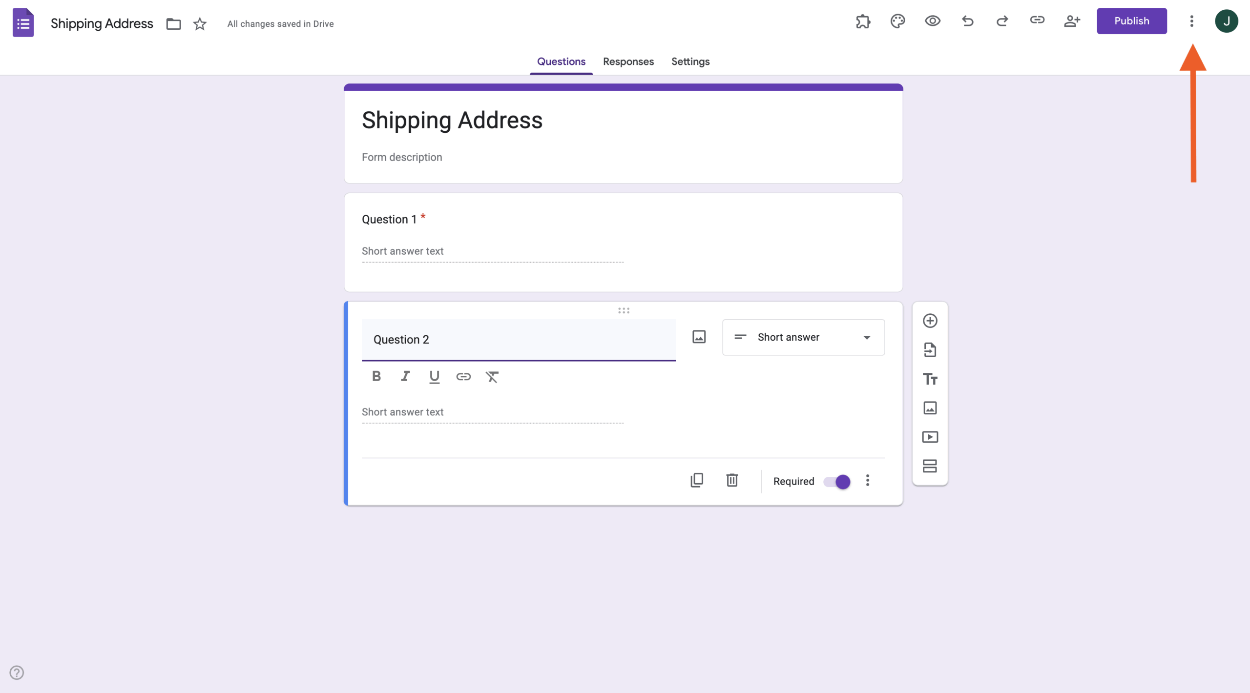 Clicking on the three dots on Google Forms