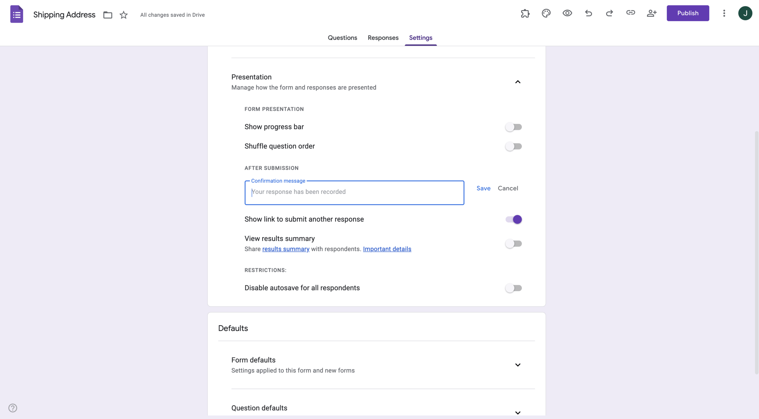Entering confirmation message on the Settings tab of Google Forms