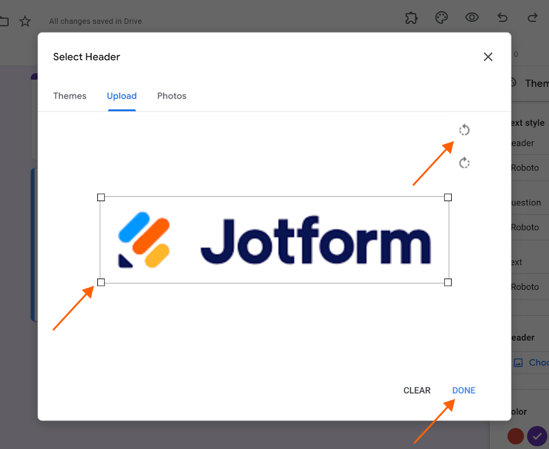 Screenshot of a Google Forms "Select Header" menu; arrows point to the rotate image, crop image, and "Done" buttons