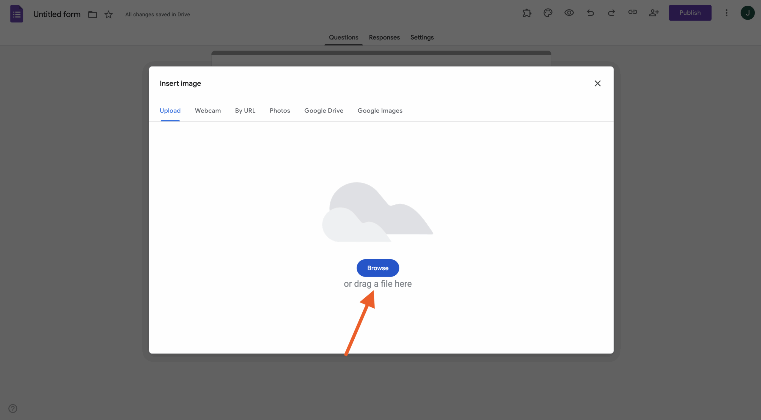 Screenshot of a Google Form's "Insert Image" menu; arrow points to the "Browse" button