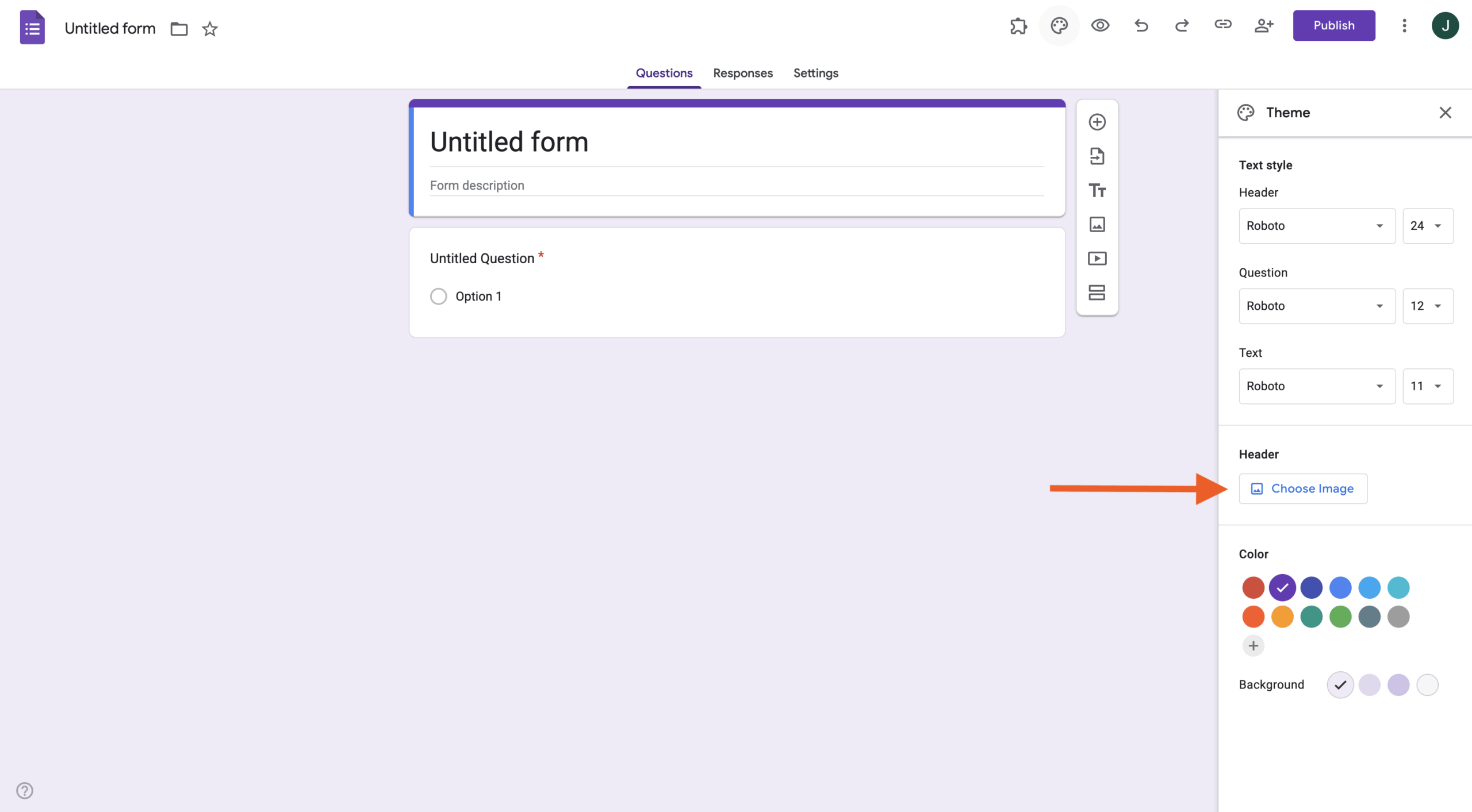 Screenshot of a Google Form; arrow points to the "Choose Image" button under the "Header" section of the "Theme" menu