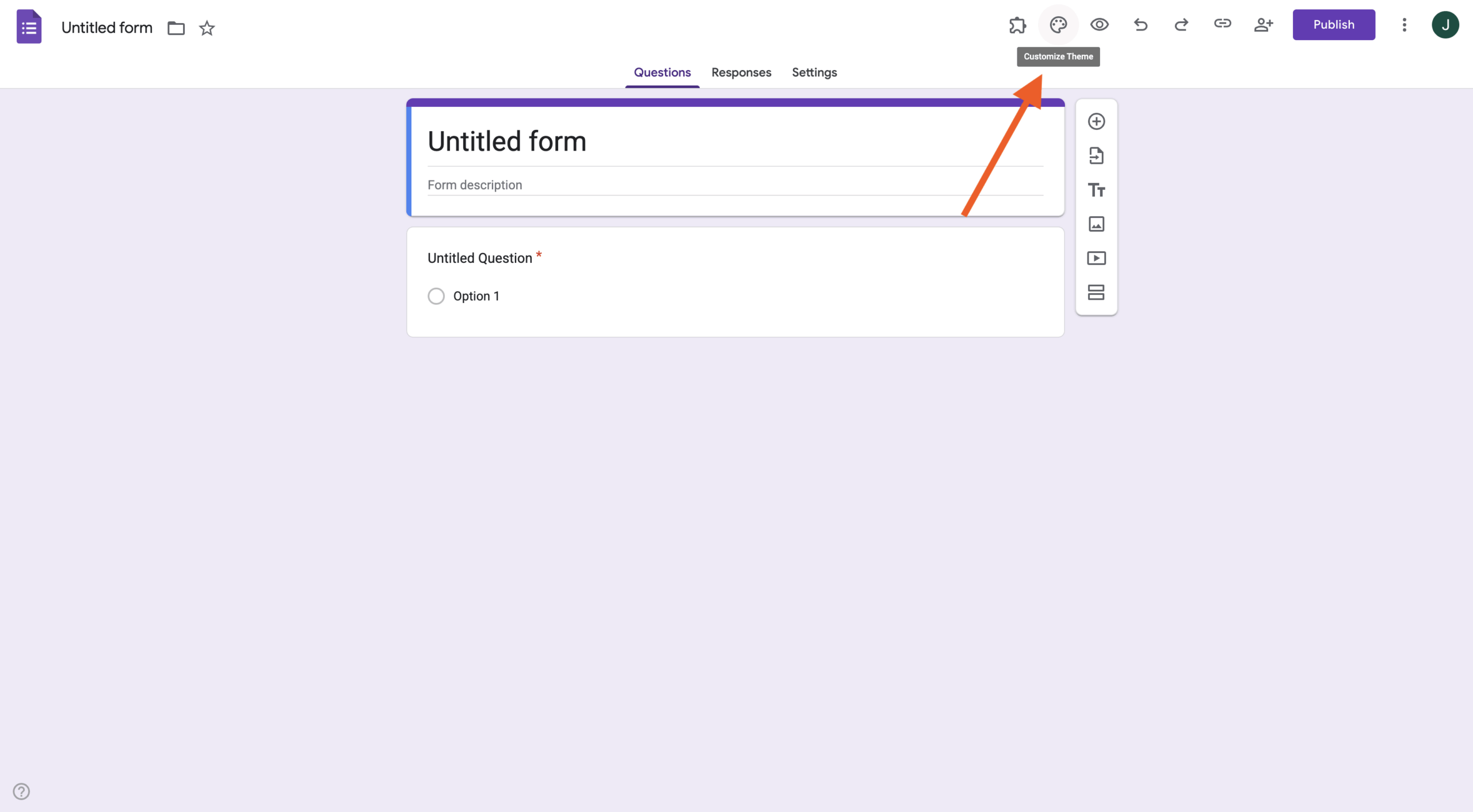 Screenshot of a Google Form; arrow points to the customize theme button