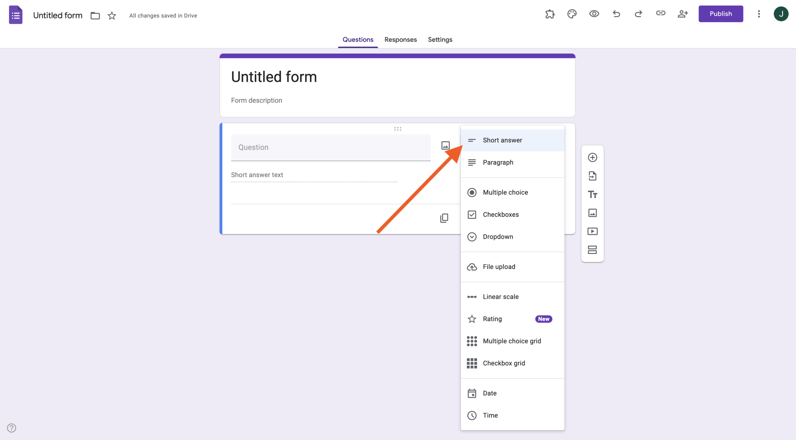 Selecting the Short answer option from the dropdown on Google Forms
