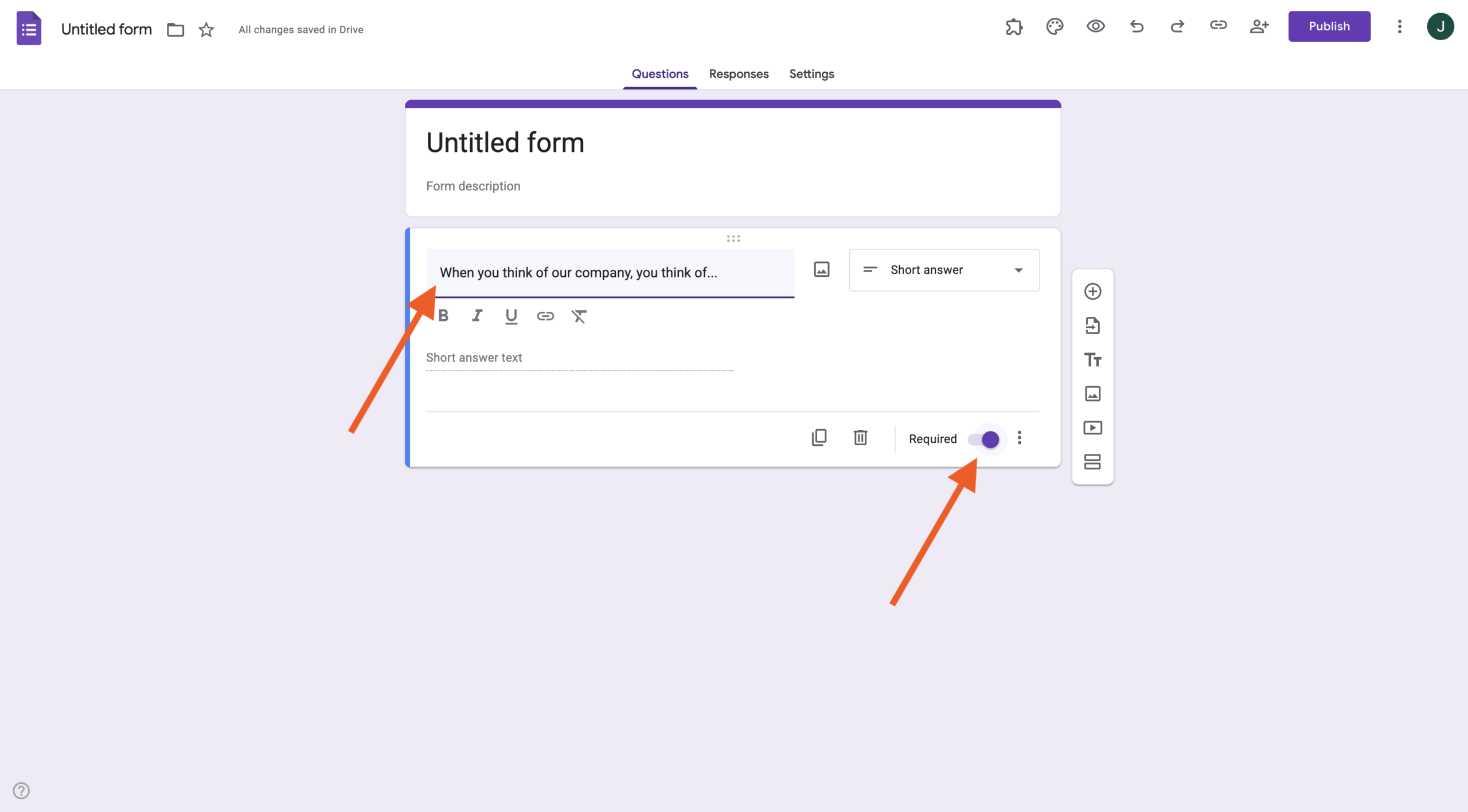 Toggling on the Required slider at the bottom of the question on Google Forms