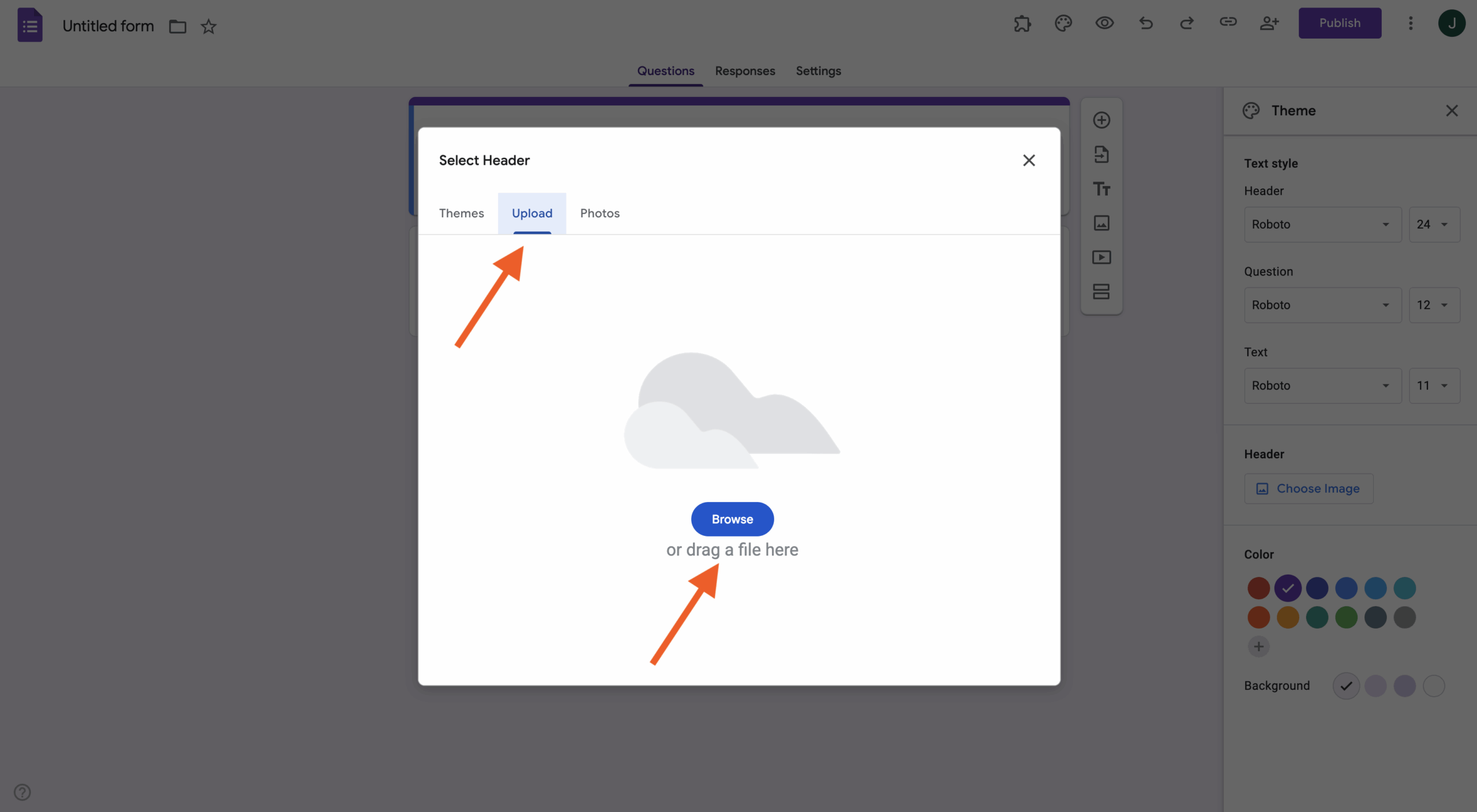 Screenshot of a Google Form's "Select Header" menu; arrows point to the "Upload" menu heading and the "Browse" button