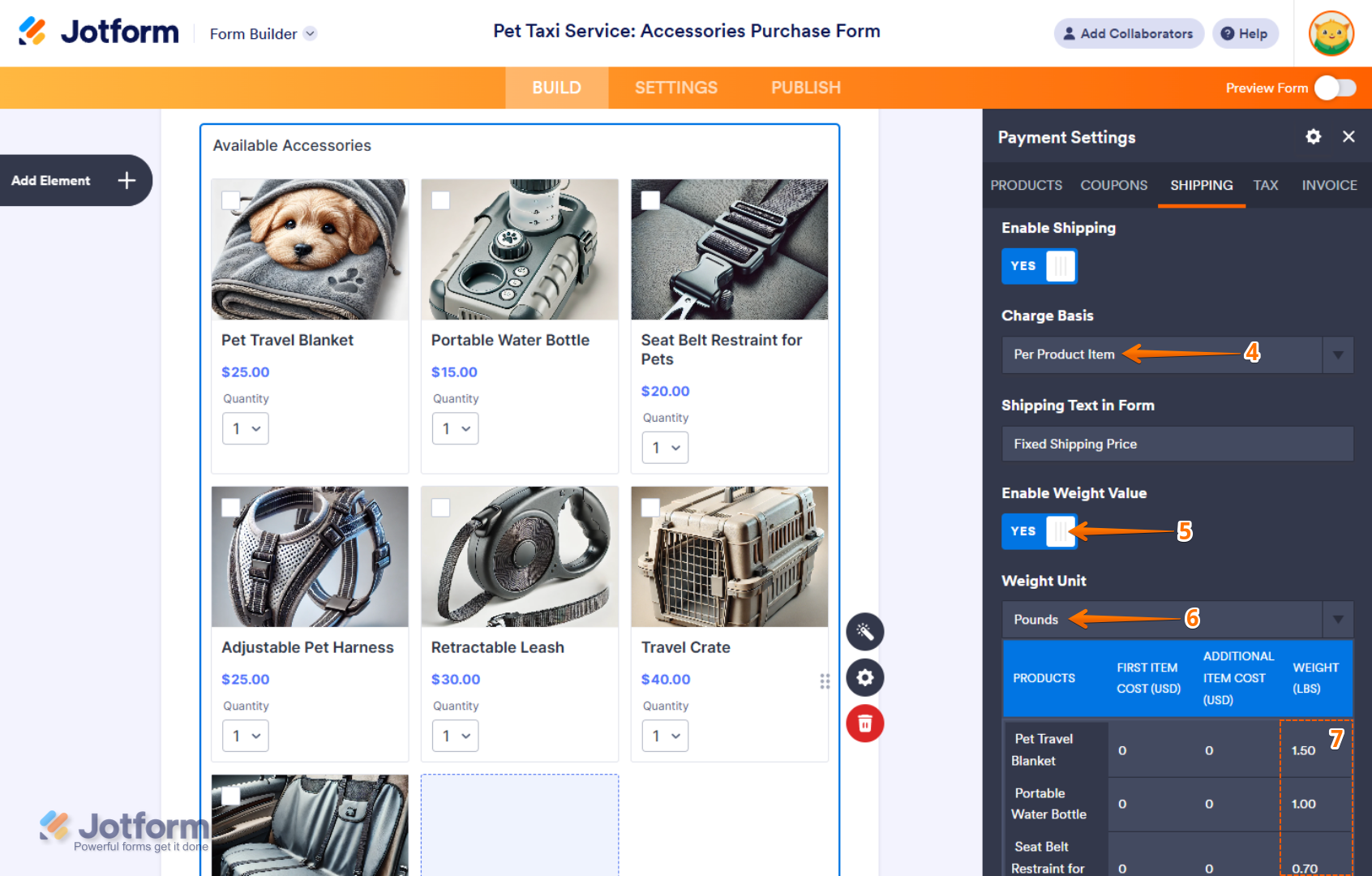 Capture d'écran de la liste de produits d'un formulaire dans le Générateur de formulaires Jotform avec le volet Paramètres de la liste de produits ouvert à droite, une flèche pointant vers le champ Tarification, une autre pointant vers le bouton bascule Activer la valeur du poids sur Oui, une troisième pointant vers le tableau et un encadré autour de la colonne Poids